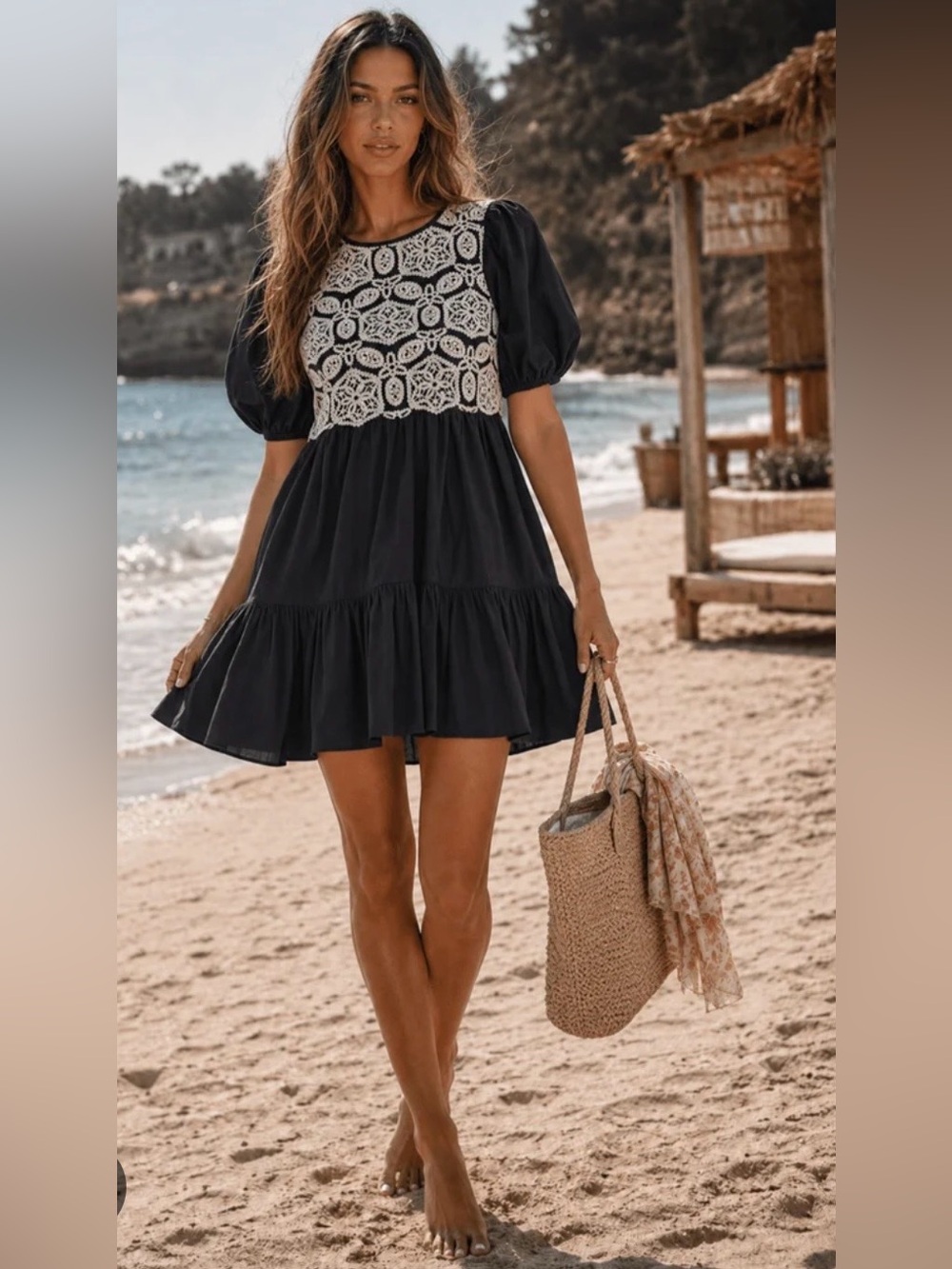 Heyson Puff Sleeve Crochet Fit and Flare Mini Dress NWT!